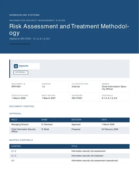 First page of a sample PolicyMint ISO 27001 Risk Assessment and Treatment Methodology